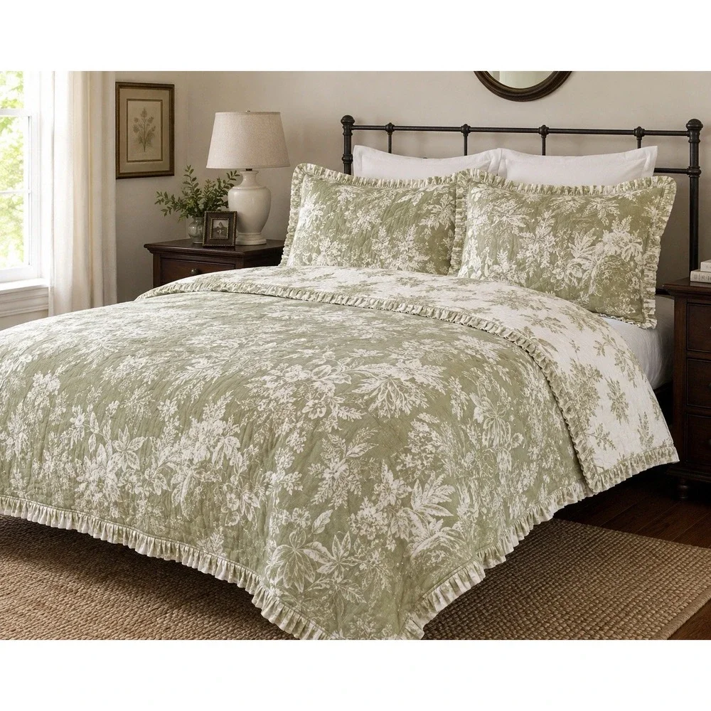 Pottery Barn Green Comforter Only  Toile Floral French Country Cottage Queen